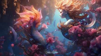 Fototapeta na wymiar Unleash the magic of the mythical underwater realm through a digital rendering featuring shimmering merfolk, colossal krakens, and ethereal seahorses in a stunning 3D photorealistic style