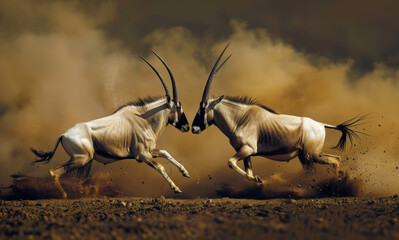 Two rows of the Oryx antelope engaging in intense combat, showcasing their agility and strength