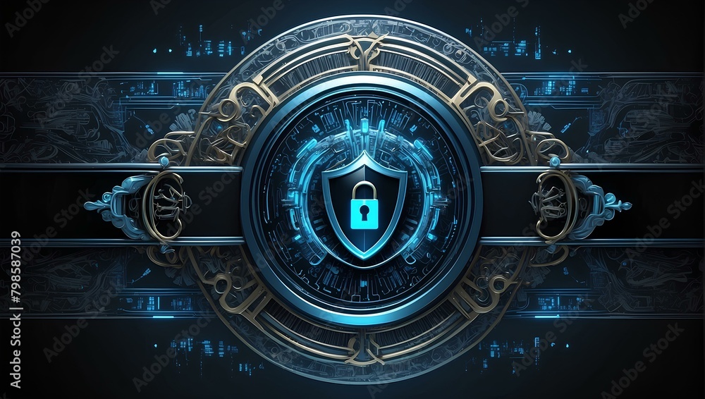 Poster cybersecurity shield: a digital shield featuring a padlock and intricate details symbolizes secure d