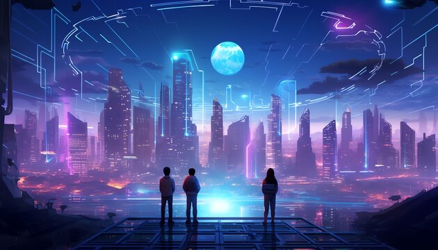 Illustrate a pixel art composition merging vibrant colors and geometric shapes, highlighted by neon lights, capturing a futuristic world from below