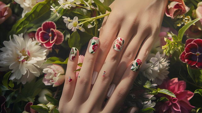 "Floral Elegance: Stunning Nail Art Amidst Vibrant Blooms"
