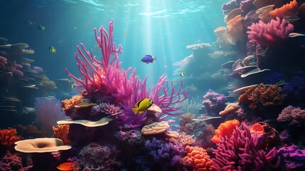 Capture a photorealistic close-up shot of utopian dreams come to life in an underwater world, highlighting vibrant coral reefs and ethereal sea creatures in digital rendering techniques