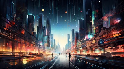Capture the complexity of dreams and reality with a digital masterpiece featuring a fragmented, pixelated cityscape merging with a swirling vortex of thoughts
