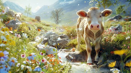 Capture the innocence and charm of a cute cow in a whimsical, watercolor-inspired panoramic setting, surrounded by blooming wildflowers and a gentle, flowing stream