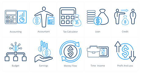 A set of 10 accounting icons as accounting, accountant, tax calculator