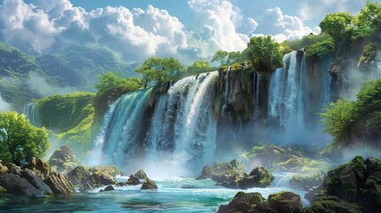 Craft a stunning digital illustration of a serene side view of a majestic blue waterfall, cascading gracefully over rocky cliffs, framed by lush greenery and misty clouds