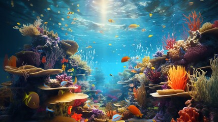 Design an otherworldly underwater scene teeming with colorful marine life viewed from a distorted, glitch art-style perspective Use digital rendering techniques to achieve a surreal and captivating un