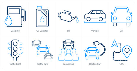 A set of 10 car icons as gasoline, oil canister, oil