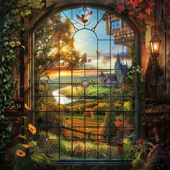Illustrate a serene countryside landscape seen through a giant antique stained glass window