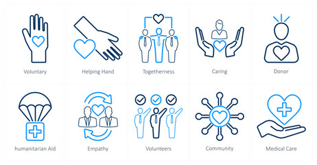 A set of 10 charity and donation icons as voluntary, helping hand, togetherness
