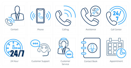 A set of 10 contact icons as contact, phone, calling