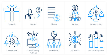 A set of 10 crowdfunding icons as rewards, investor, money