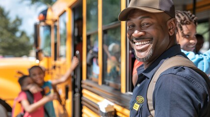 A school bus driver smiling as children board the bus