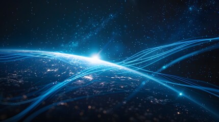 This abstract piece depicts the Earth in 3D space, surrounded by blue wavy dotted lines, with abstract blue lights around the planet.