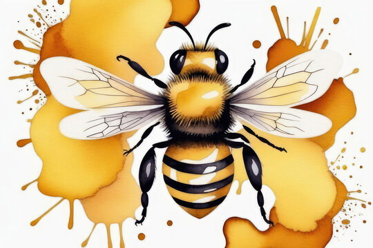 Spring or summer cutest card or poster with hand drawn bee on a wildflowers.