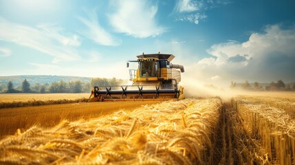 Naklejka premium Tractor wheat harvester on agricultural land.