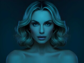 Fototapeta premium A stunning portrait of a woman facing the camera, her eyes filled with mystery and depth. Her hair is cascading in soft waves over her shoulders, and her expression is both enigmatic and captivating.