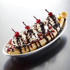 A banana split served in a long dish, featuring whipped cream and chocolate syrup, perfect for restaurant advertising