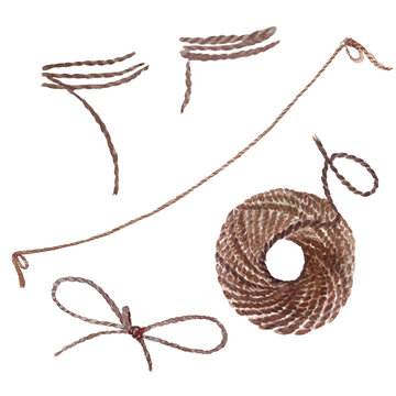 Jute rope set, tied in a ribbon, in a ball, wrapped, stretched for drying herbs isolated on white. Hand painted in watercolor. Natural high quality string for eco design, packages, labels in herbalism