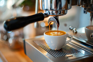 A sleek espresso machine brewing a rich shot of espresso with a perfect crema layer. - obrazy, fototapety, plakaty