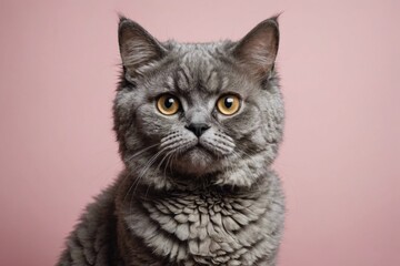 Fototapeta premium Portrait of Selkirk Rex cat looking at camera, copy space. Studio shot.