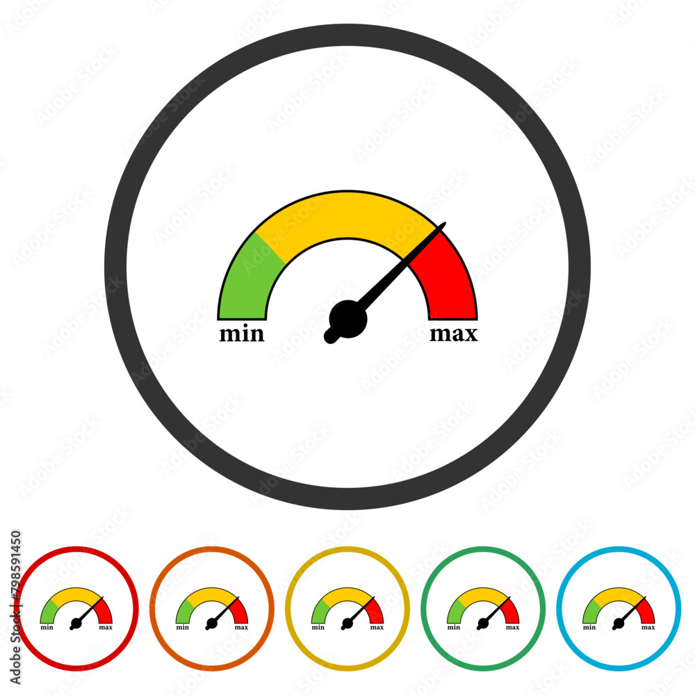 Poster color scale with arrow icon. the measuring device icon. set icons in color circle buttons