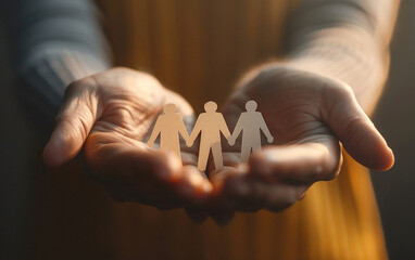 Person holds cardboard silhouettes of people in his hands. People life insurance concept