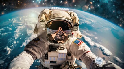 The picture of the astronaut flying in the space with the earth background, the spaceman must wear...