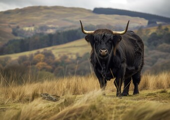 Majestic Highland Cow Standing in Golden Grass Field with Hills.