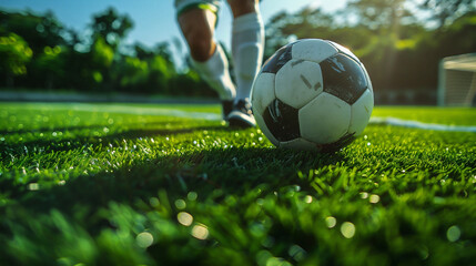 ドリブルをするサッカー選手の足元