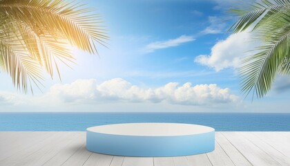 Obraz premium Seaside Serenade: Studio Room Backdrop Featuring 3D Podium Display, Palm Leaves, and Blue Sky Ideal for Summer Presentations