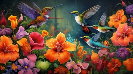Vibrant hummingbirds sipping nectar from colorful flowers in a lush garden. - obrazy, fototapety, plakaty