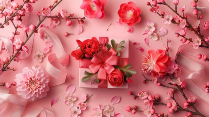 Celebrate Mother s Day in style with a chic gift box set against a lovely pink background adorned with a beautiful arrangement of flowers Accompanied by a heartfelt greeting card template t