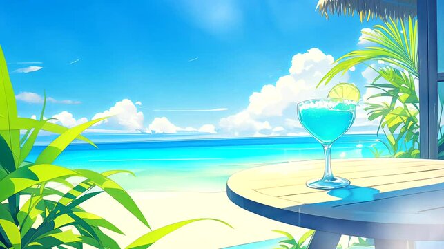 Frosty Margarita Glass cocktail on a Beachside Table. Anime or digital painting style, looping 4k video animation background