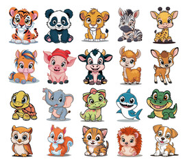 Fototapeta premium Collection of cute funny animals. Set of various cartoon wild, farm, pet animal characters isolated on transparent background. Colorful hand drawn vector illustrations.