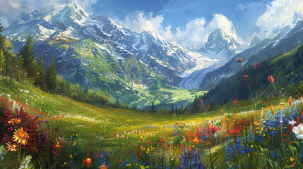 Mountain Floral Paradise A breathtaking vista of an alpine meadow ablaze with the vibrant colors of blooming flowers, nestled amidst the rugged beauty of snow-capped peaks and lush green valleys.