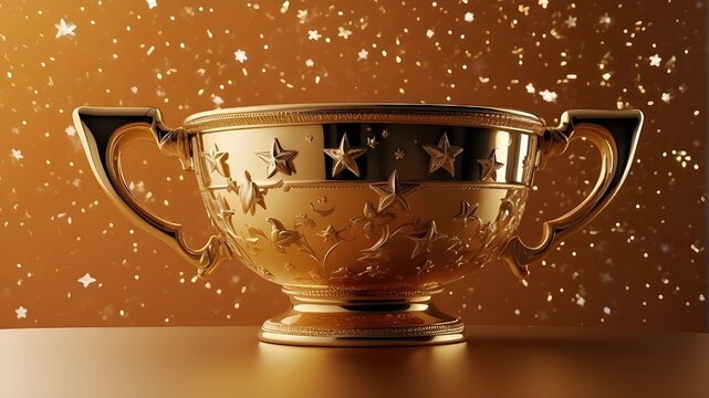 /imagine: An HD photograph of an upcoming international gold cup adorned with stars against an orange background, capturing its reflective surface and intricate details. --ar 3:2 --v 4