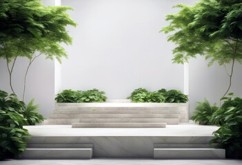 'stone featuring slabs 3D podiums rendering leaves lush white platforms set green poduim background product dais three-dimensional platform summer placement minimal plant leaf stage'