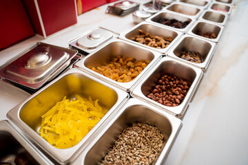 Ingredients for making handmade chocolates and candies in a workshop