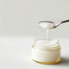 A close-up of coconut oil in a small glass jar, with a spoon dripping oil back into the container,...