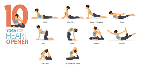 10 Yoga poses or asana posture for workout in heart opener concept. Women exercising for body stretching. Fitness infographic. Flat cartoon.