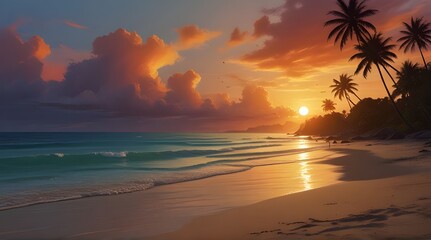 Fototapeta na wymiar Tropical beach sunset. Fantasy concept , Illustration painting.generative.ai