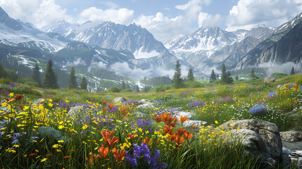 Alpine Meadow Bliss A serene and idyllic scene of an alpine meadow in full bloom, where colorful wildflowers carpet the landscape in a riot of color,