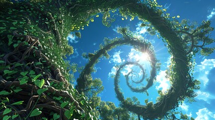 Intricate patterns of leaves and vines spiraling up the enormous beanstalk