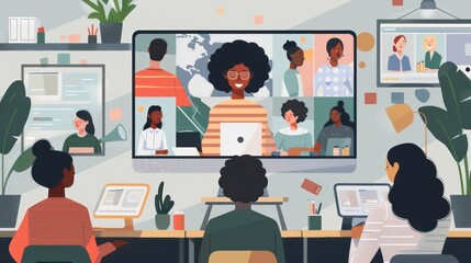 Illustration design of a person working at a work desk with a computer monitor screen connected to a network having a meeting.