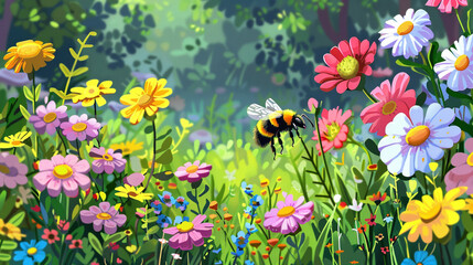 Bee Emoji A busy bee pollinating colorful flowers in a garden collecting nectar and spreading pollen as it contributes to the cycle of life.
