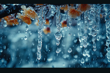 A cascade of water droplets frozen in time, suspended in mid-air like crystalline jewels.