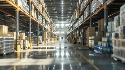 Fototapeta premium Indoor view of industrial warehouse with high shelves storing goods.