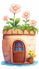 Fototapeta na wymiar This enchanting digital illustration portrays a fantasy house with a roof made of lush greenery and vibrant pink flowers, complete with a cozy wooden door.