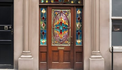 A Vintage Door With Stained Glass Panels In A City Street